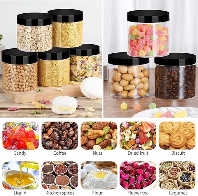 Round Plastic PET Storage Jars Clear Plastic Jars With Lids 20 Oz Clear PET Plastic Jars with Lids Refillable Storage Jar for Storing Dry Food, Spice, Cookie, Nuts, Kitchen Food, 12 Pack