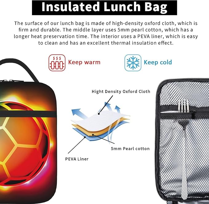SARA NELL Cool Colorful Growing Fireball Lunch Box Soccer Lunch Bag Insulated Reusable Portable Lunch Tote Cooler Bag for Women Men Teens Kids, Office Work School Travel Lunchbox