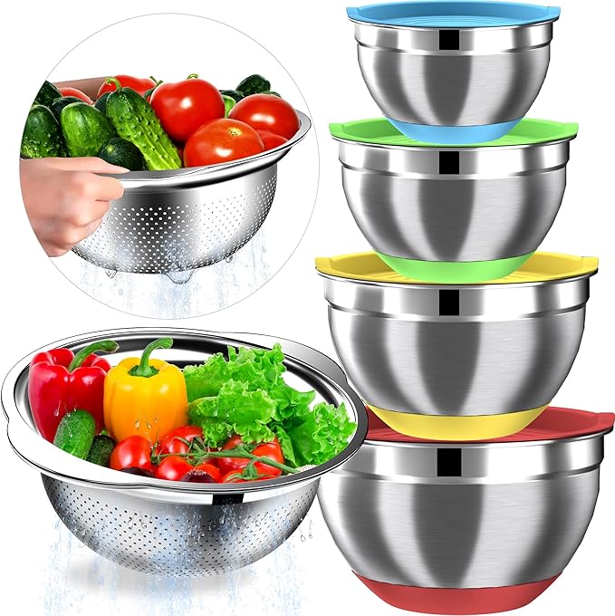 Mixing Bowls with Airtight Lids Set, 4 Stainless Steel Bowls Nesting Bowls & Colander, Kitchen Organizers and Storage Non-Slip Bottom, Size 1.5/2.0/2.5/4.0QT, Great for Mixing & Serving, Multicolor