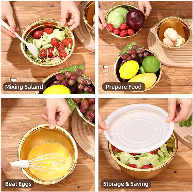Shellwei Gold Mixing Bowls with Airtight Lids 24 Pcs Stainless Steel Mixing Bowls Set Size 1, 1.5, 2, 3.6, 7QT, Measuring Cups Spoons Baking Utensils Bowl for Kitchen Baking Serving Food