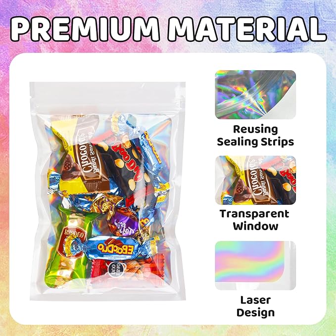 100 Pcs Holographic Bags White Packaging Bags Mylar Bags with Clear Window for Food Storage Resealable Bags Small Business (4×6Inch)