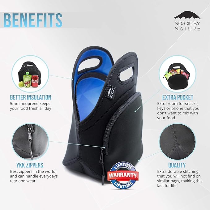 Nordic By Nature Neoprene Lunch Bag, Extra Side Pocket, Thick Insulated Tote With Bottle Sleeve, Flexible & Durable (blue Ocean)