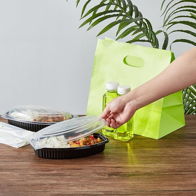 RW Base 21 Ounce Meal Prep Containers, 50 Microwavable To Go Containers With Lids - Disposable, Freezable, Black Plastic Oval Food Containers, Pack Hot And Cold Food, For Takeaway - Restaurantware