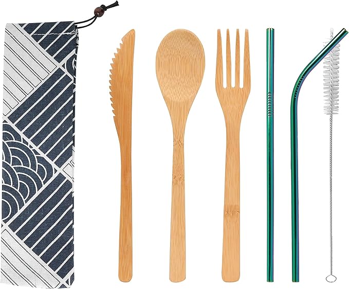 UPTRUST 2 Set Bamboo Cutlery Set Bamboo travel Utensils reusable bamboo utensils with case, 7.8 Inches Bamboo Knife, Fork, Spoon, 3 colors Metal Straw Portable Travel Set (Rainbow Straw)