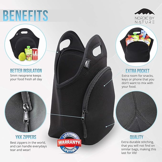Nordic By Nature Lunch Bags For Women & Lunch Boxes For Kids Premium Insulated Lunch Box Extra Thick Neoprene, Soft Cotton Feel, Premium Stitching, Outside Pocket, Washable (M) Black