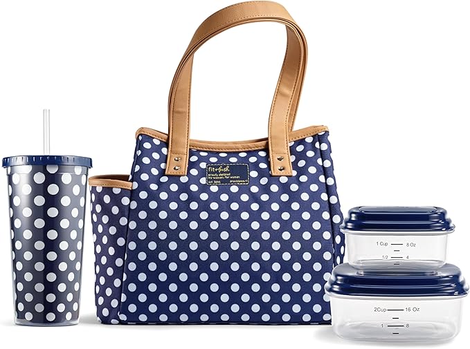 Fit & Fresh Lunch Bag For Women, Insulated Womens Lunch Bag For Work, Leakproof & Stain-Resistant Large Lunch Box For Women With Containers and Matching Tumbler, Zipper, Westerly Lunch Bag, Navy Dot