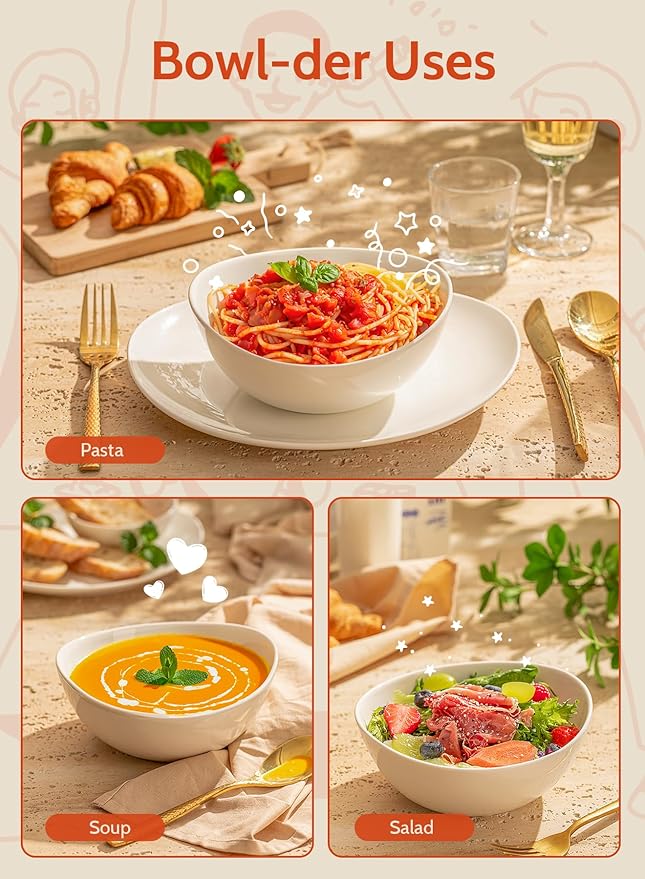 Sweese 7 Inch Porcelain 28 oz Bowls Set of 6, for Soup | Cereal | Pasta | Salad | Ramen | - Microwave, Dishwasher, and Oven Safe - White