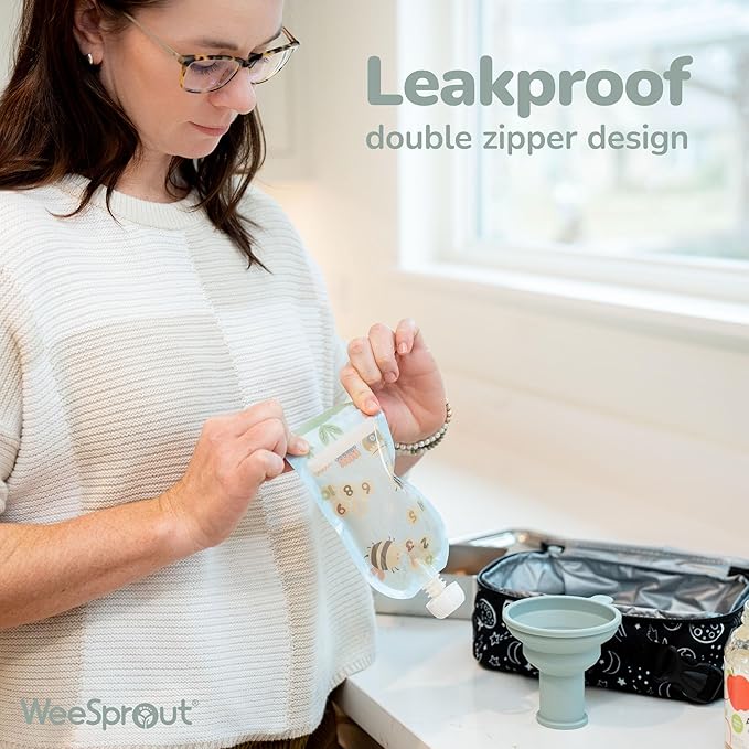 WeeSprout Double Zipper Reusable Food Pouches, Perfect for Babies & Toddlers, Freezer & Dishwasher Safe (Educational, 3.4 Fl Oz (Pack of 6) + Pouch Filler)