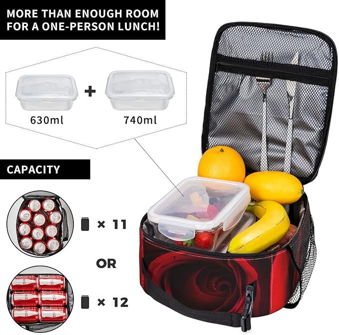 YETTA YANG Valentine's Day Cute Red Rose Flower Floral Portable Lunch Bag Insulated Lunch Box Reusable Totes For Women Men Work Picnic Camping