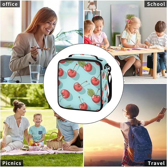 Green Lunch Bag Personalized Insulated Lunch Bag Reusable Lunch Box Picnic Travel Lunch Tote Bag Snack Bag Fruit - Cherry (22)