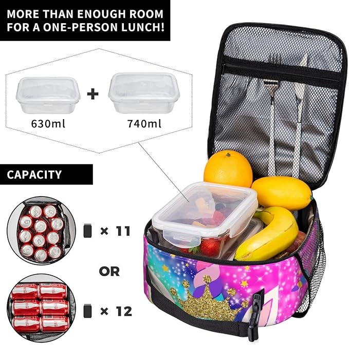 YETTA YANG Rainbow Unicon Colorful Portable Lunch Bag Insulated Lunch Box Reusable Totes For Women Men Work Picnic Camping