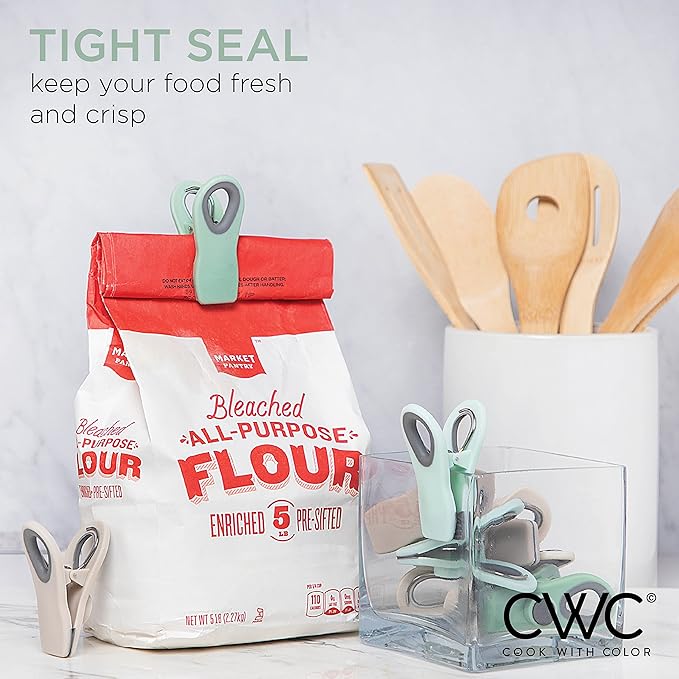 COOK WITH COLOR Bag Clips with Magnet- Food Clips, Chip Clips, Bag Clips for Food Storage with Airtight Seal Grip for Bread Bags, Snack Bags and Food Bags (Mint and Grey, Pack of 10)