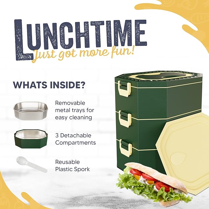 Stainless Steel Stackable Bento Box Adult Lunch Box with Cutlery - Hot/Cold - Separates Ideal Portion Sizes - Reusable Tin Inserts - Dishwasher Safe - Stackable Lunch Container for Adults with Spork