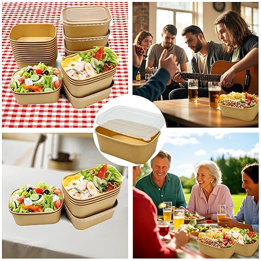 50 Pack Paper Meal Prep Containers with Lids, 20 oz Disposable and Compostable Take out Food Containers Rectangular to Go Kraft Paper Bowls for Leftovers, Salad, Soup, Snack