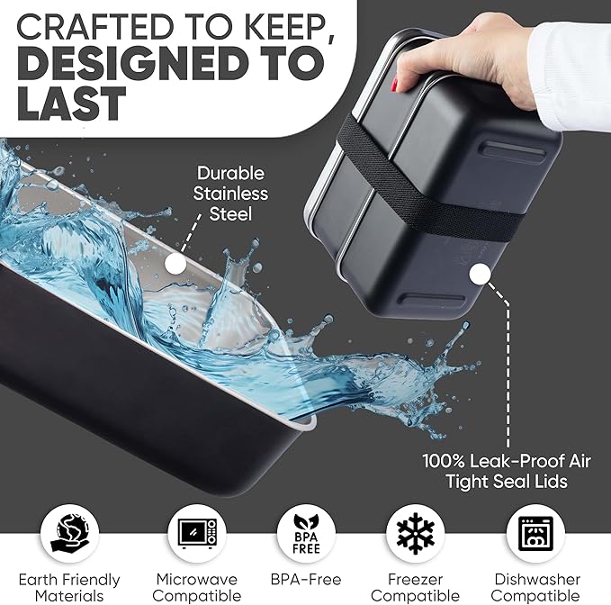 Premium Stainless Steel Bento Box Adult Lunch Box with Compartments for Women & Men|leak proof| Microwavable| Stackable Japanese Bento Lunchbox| Metal Lunch box|Lunch Containers |47 Oz|Black