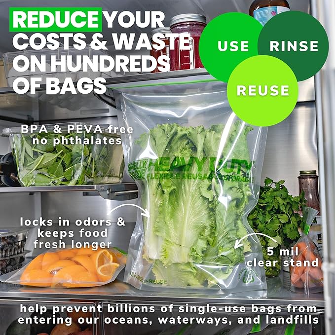 Smelly Proof HEAVY DUTY Reusable STAND-UP Ziplock Bags for Food Storage, USA Made, NO PEVA & BPA FREE, Reusable Freezer Bags, Dishwasher-Safe, Triple Zip, CLEAR 5-mils XXL 2-Gallon 12" x 16" - 5pk