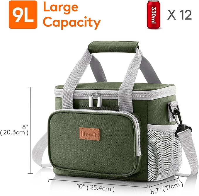 Lifewit Large Lunch Bag Insulated Lunch Box Soft Cooler Cooling Tote for Adult Men Women, Gray and Green 12-Can (9L)