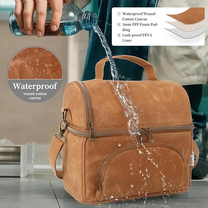 Lunch Box For Men with 2 XL icepacks Sturdy Waxed Canvas Lunch Bag for Men, Soft Cooler Bag for Construction Sites,Work,Picnic and Hiking12-Can(10.5L) 10"x9.5"x7" (Biscuit Yellow)