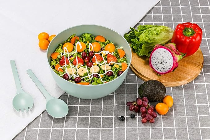 GEHE Bamboo Fiber Salad Bowl with Servers Set - Large 9.8 inches mixing bowls Solid Bamboo Salad Wooden Bowl with Bamboo Lid Spoon for Fruits,Salads and Decoration (Blue -green, 9.8INCH)
