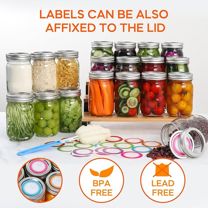 Mason Jars 16 oz with Lids and Bands, 15 Pack Regular Mouth Canning Jars, Clear Glass Jars for Canning, Food Storage and Fermenting, Labels & Brusher Included - Microwave & Dishwasher Safe