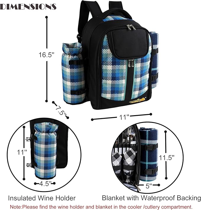 apollo walker Picnic Backpack Bag with Cooler Compartment, Detachable Bottle/Wine Holder, Fleece Blanket, Plates and Cutlery Set (4 Person, Black)