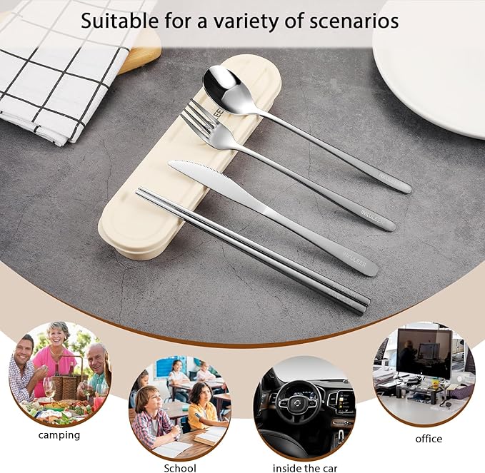 INKULEERTravel cutlery set, 18/8 stainless steel cutlery, Reusable utensils set with case, Portable Silverware Lunch Box for Camping and Office (Silver)
