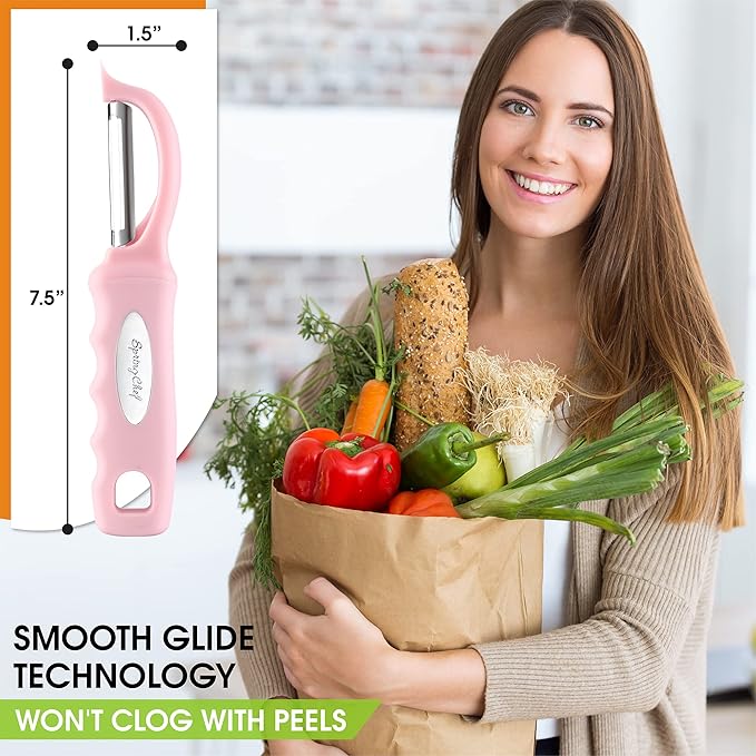 Spring Chef Premium Swivel Vegetable Peeler, Pink Lemonade & Stainless Steel Magnetic Measuring Cups, Set of 7, Black - 2 Product Bundle