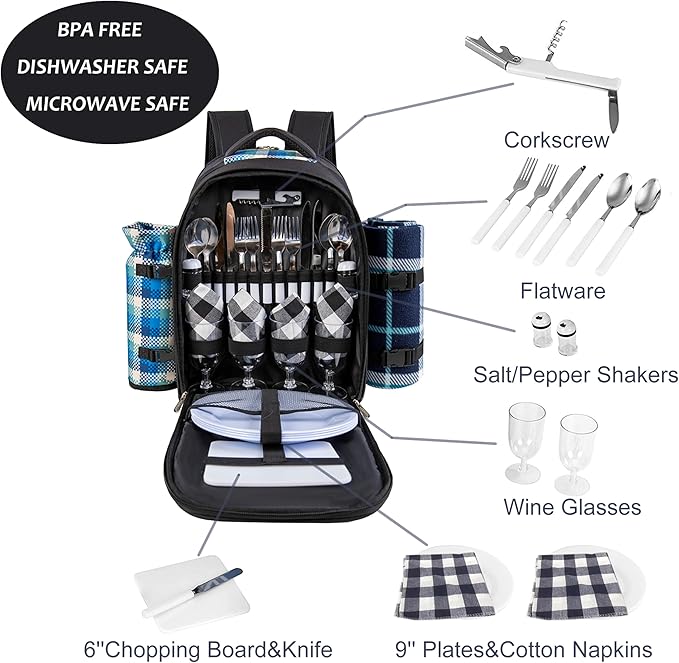 apollo walker Picnic Backpack Bag with Cooler Compartment, Detachable Bottle/Wine Holder, Fleece Blanket, Plates and Cutlery Set (4 Person, Black)