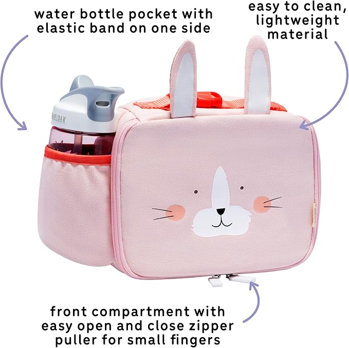 Toddler Lunch Bag for Girls and Boys, Lunch Box for Kids Ages 2–5, Fully Insulated with Padded Handle, Storage Pocket and Water Bottle Pocket, Lightweight, Easy to Clean, BPA-Free - Rabbit
