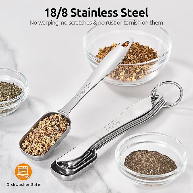 U-Taste 600ºF Heat Resistant 13.6in Long Solid Silicone Turner Spatula, and 18/8 Stainless Steel Square Measuring Spoons Set of 8 (Black+Silver)