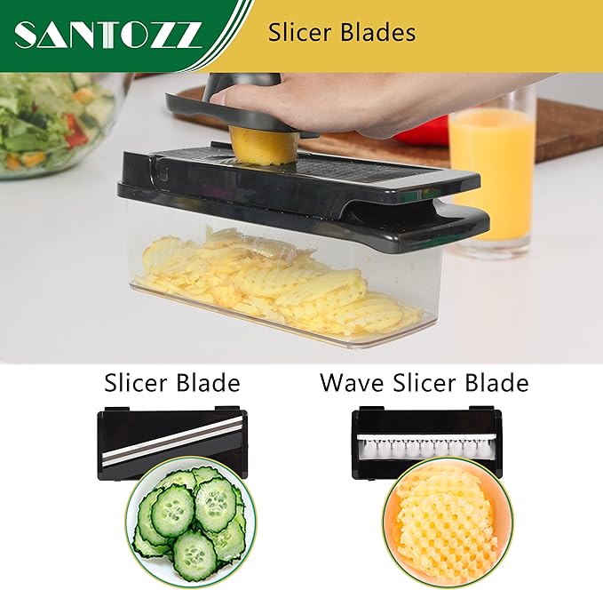 SANTOZZ Multifunctional Vegetable Chopper with Container, Vegetable Cutter with Interchangeable Blades, Onion Slicer, Garlic Grinder, Dicer for Potato, Carrot Chopper
