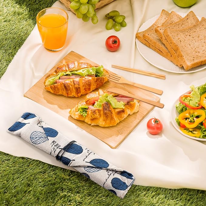 4 Sets Bamboo Utensil Travel Cutlery Set, Reusable Bamboo Utensil Fork Knife Spoon Chopsticks Straw Cleaning Brush for Eating Travel Picnic Office School (Vintage Style)