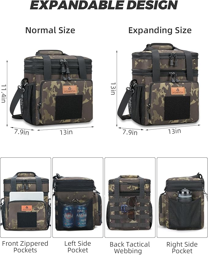 Expandable XLarge Tactical Lunch Box for Adults, Waterproof Insulated Lunch Bag with Lots of Storage Space, Durable Cooler Bag for Men Women Work Outdoor Picnic Trips, 22L(Black-Camo), HSHRISH