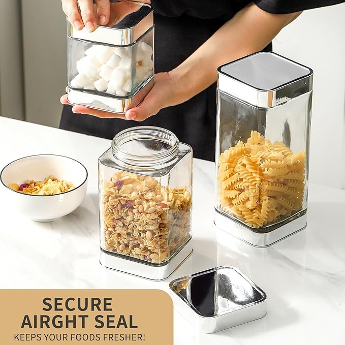 Glass Storage Jars-Large Kitchen Glass Canisters with Airtight Lids -Coffee Pasta Sugar Tea Snack Nuts Cookie Flour Food Container - Set of 3, Silver