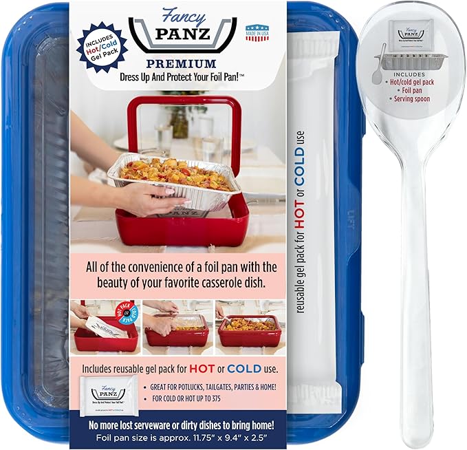Fancy Panz Premium, Serving Tray for Food, Made in the USA Foil Pan Carrier, Stackable Aluminum Pan Holders, Travel Casserole Carrier, Denim Blue