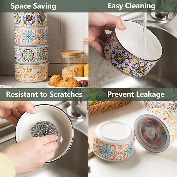 Ceramic Bowl with Lid: Microwave Safe Soup Containers Set of 4 for Meal Prep, Cereal, Salad, Picnic, Camping, Office Lunch, Kitchen Food Storage - 5 Inch, 20 oz, Design B