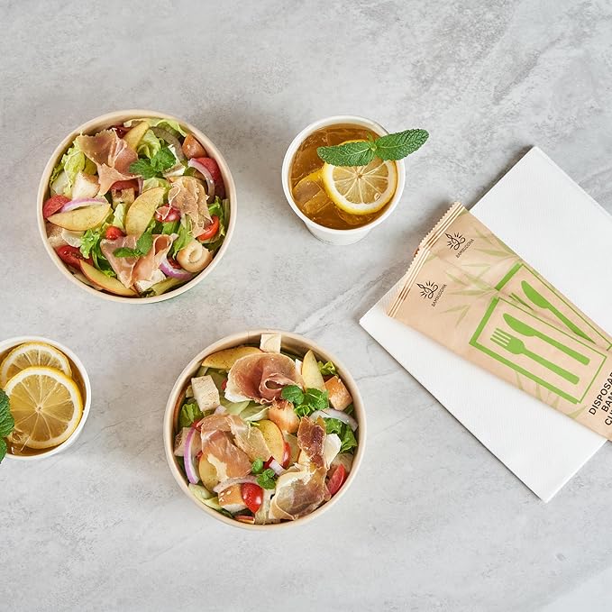 Restaurantware-Sustain 25 Ounce Sturdy Paper Take Out Boxes, 50 Round Take Out Food Containers - With PLA lining, Compostable, Bamboo Paper Containers, Disposable, Greaseproof