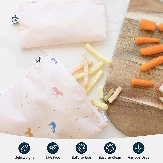 Tiny Twinkle 3 Pack Reusable Snack Bags - Machine Washable, PFAS, PVC, BPA, Phthalate-Free Reusable Baby and Toddler Food Safe Snack Bags (Blue Floral)