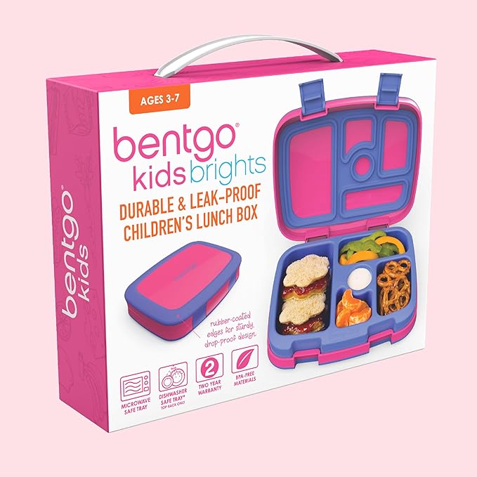 Bentgo Kids Bento-Style 5-Compartment Leak-Proof Lunch Box - Ideal Portion Sizes for Ages 3 to 7 - Durable, Drop-Proof, Dishwasher Safe, BPA-Free, & Made with Food-Safe Materials (Fuchsia)