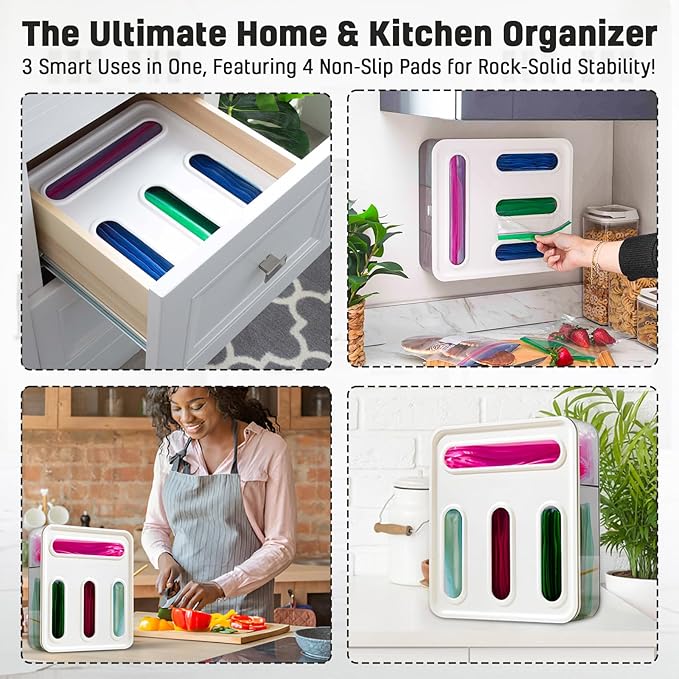 Food Storage Bag Organizer, 4 Slot Plastic Sandwich Bag Organizer for Kitchen Storage, Baggie Organizer for Drawer with Labels Included, Gallon, Quart, Sandwich, Snack, and Slider Bags