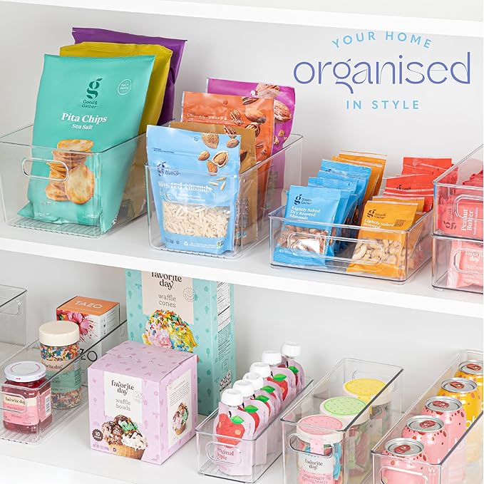 Plastic Food Storage 6 Pack Clear Container Bin with Handles for Organizing Kitchen, Pantry, Fridge, Freezer, Pantry,Bathroom. 10"x6"x5"