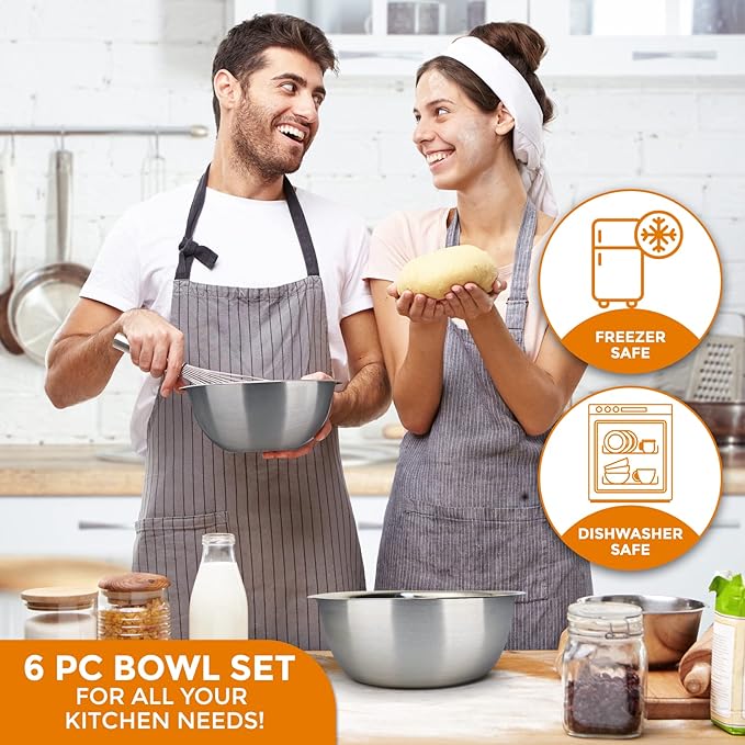 mixing bowl Set of 6 - stainless steel - Polished Mirror kitchen bowls - Set Includes ¾, 2, 3.5, 5, 6, 8 Quart - Ideal For Cooking & Serving - Easy to clean - Great gift