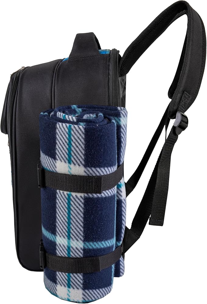 apollo walker Picnic Backpack Bag with Cooler Compartment, Detachable Bottle/Wine Holder, Fleece Blanket, Plates and Cutlery Set (4 Person, Black)