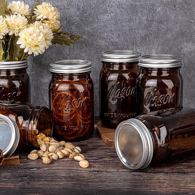 WELLIFE Amber Mason Jars, 9 Pack wide mouth mason jars for Pickling, Canning, Fermenting and Food Storage, Microwave & Dishwasher Safe
