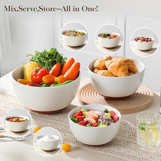 MALACASA Ceramic Large Mixing Bowls, Large Serving Bowls for Cooking, Prepping, Baking, Salad, Soup, Popcorn, Pasta, Nesting Bowls Set of 3, 4.38/2.5/1.44 Qt, Oven, Microwave and Dishwasher Safe