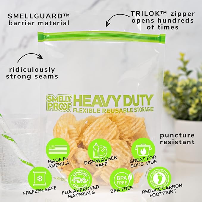 Smelly Proof HEAVY DUTY Reusable STAND-UP Ziplock Bags for Food Storage, USA Made, NO PEVA & BPA FREE, Reusable Freezer Bags, Dishwasher-Safe, Triple Zip, CLEAR 5-mils LRG Quart 8.5" x 10" - 5pk
