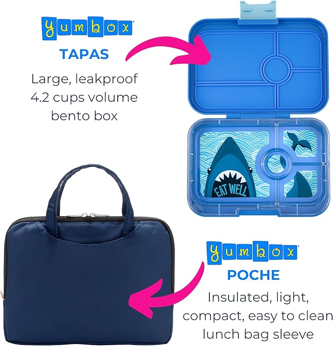 Yumbox Tapas Leakproof Bento Box: 4-Compartment Bento Lunch Box (True Blue with Shark Tray)