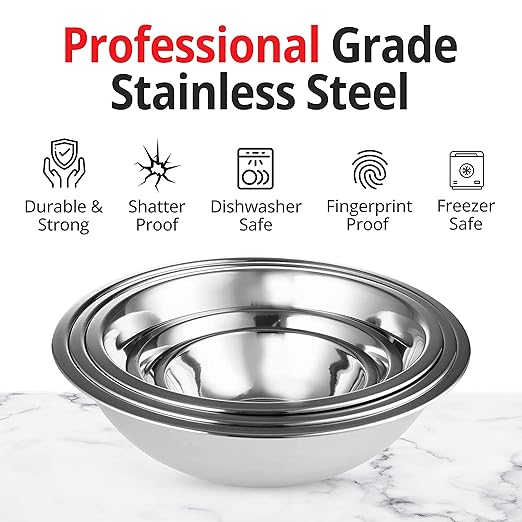 Culigrade Stainless Steel Mixing Bowl Set of 6-0.75, 1.5, 3, 4, 5, 8 Quart Sizes - Nesting, Durable, Easy to Clean, Ideal for Baking, Cooking, and Food Prep