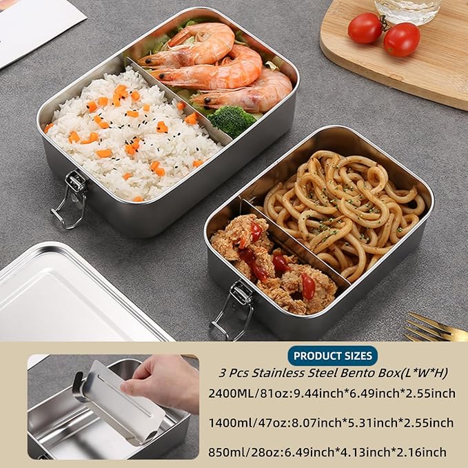 304 Stainless Steel Bento Box,3 Pack Stainless Steel Containers With Lids 2400/1400/850ml,Leak-Proof & Stackable Metal Lunch Box Food Storage Containers for Work Work,Picnic