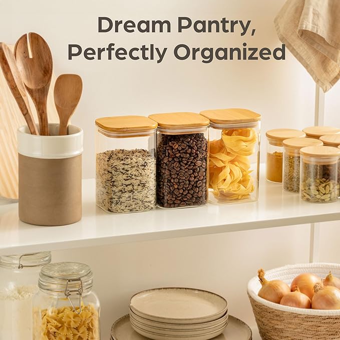 Kitchen Storage Jars 34oz - Set of 3 Bamboo Lid Storage Containers - Square Glass Food Storage Jars - Airtight Glass Pantry Storage